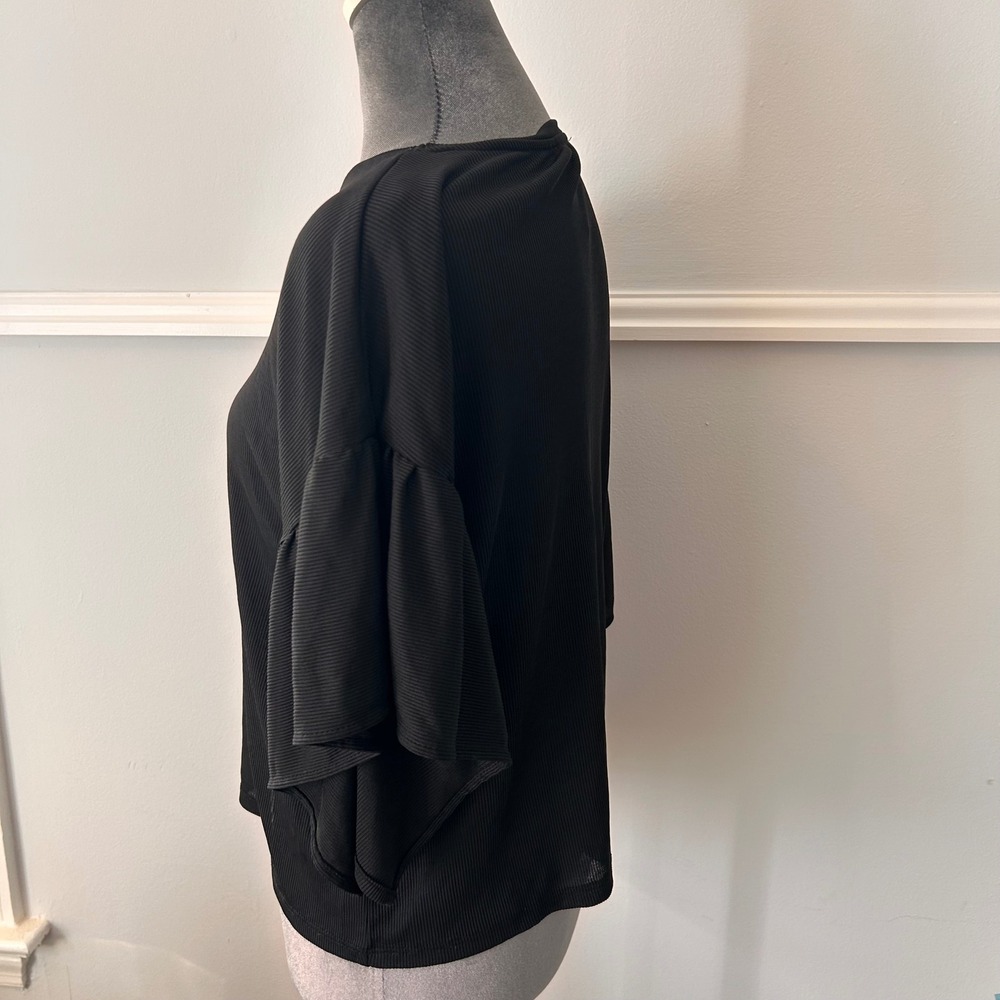 Zara Woman Basic Black Ribbed Ruffle Flutter Sleeve Top Small - Picture 7 of 10